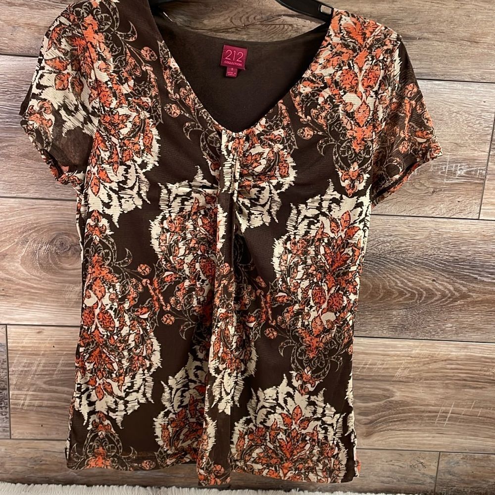 212 Collection Vneck Floral Blouse, Ladies Size Small, Brown - Picture 2 of 6